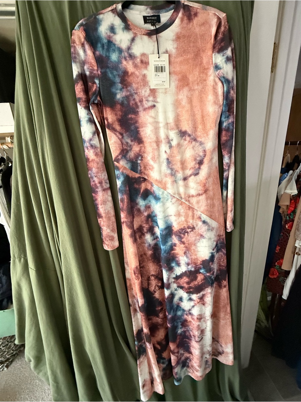 BARDOT Tie-Dye Long Sleeve Maxi Dress in Rose & Navy tie-dye sz L